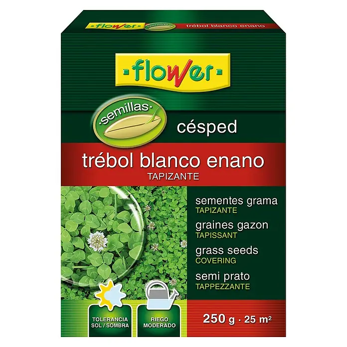 Flower Semillas para césped Trébol Blanco Enano - 250 g - Un paquete de semillas de césped Flower con trébol blanco, ideal para un césped denso y de bajo mantenimiento.