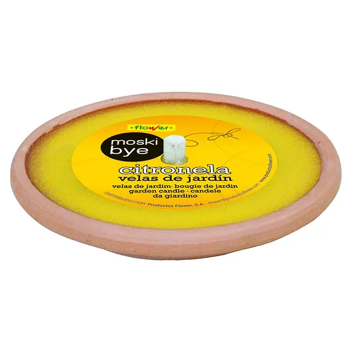 Flower Vela de citronela en plato de terracota - 2 ud., Ø x Al: 14 x 2 cm, Amarillo, Citronela - Vela de jardín de citronela en maceta de terracota con cera amarilla y etiqueta "Moski Bye" para repeler mosquitos, ideal para cálidas noches de verano.