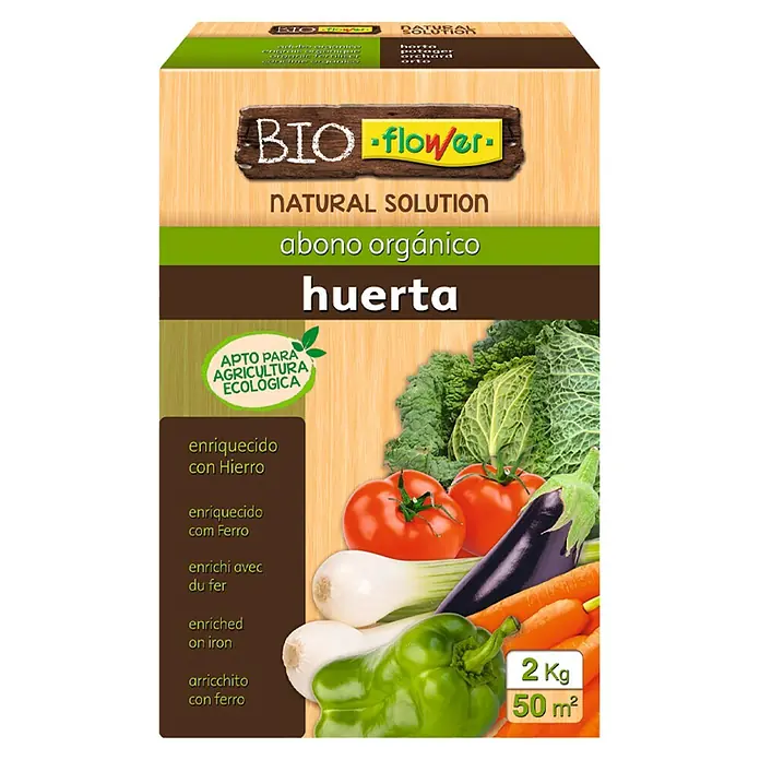 Flower Abono orgánico para huerta - 2 kg - Abono orgánico Bio-Flower para verduras y hierbas, enriquecido con hierro, para una jardinería natural y sostenible.