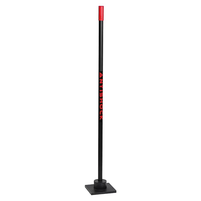 Peddinghaus Betonstampfer Antishock - Länge Stiel: 107 cm - Schwarzer Anti-Schock-Poller mit roter Kappe und „ANTISHOCK“-Aufschrift, auf quadratischem Sockel.