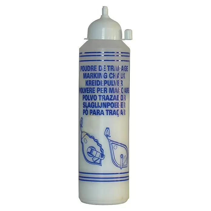 Mondelin Schlagschnurpuder - Weiß, 400 ml - Weiße Plastikflasche mit Anreißkreide, blauer Schrift und Abbildungen von Schlagschnurgeräten.