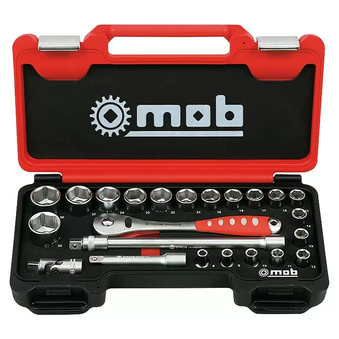 Mob Steckschlüssel-Set Fusion Box - 23 -tlg. - Roter und schwarzer Werkzeugkasten mit Chrom-Vanadium-Steckschlüsselsatz, Ratsche und verschiedenen Einsätzen.