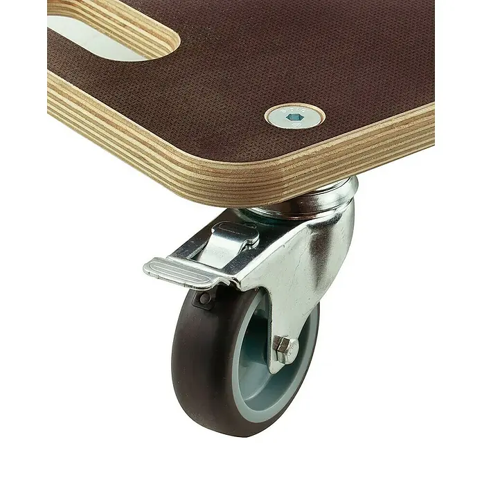Mondelin Transporthilfe - Belastbarkeit: 200 kg, B x L: 290 x 575 mm - Detailaufnahme eines Rollbretts mit einer stabilen Lenkrolle mit Feststellbremse und einer braunen, robusten Oberfläche.