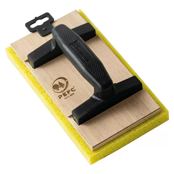 Mondelin Reibebrett - 250 x 140 mm - Gelbes Schwammbrett mit Holzplatte und schwarzem Kunststoffgriff, zum Verfugen oder Verputzen.