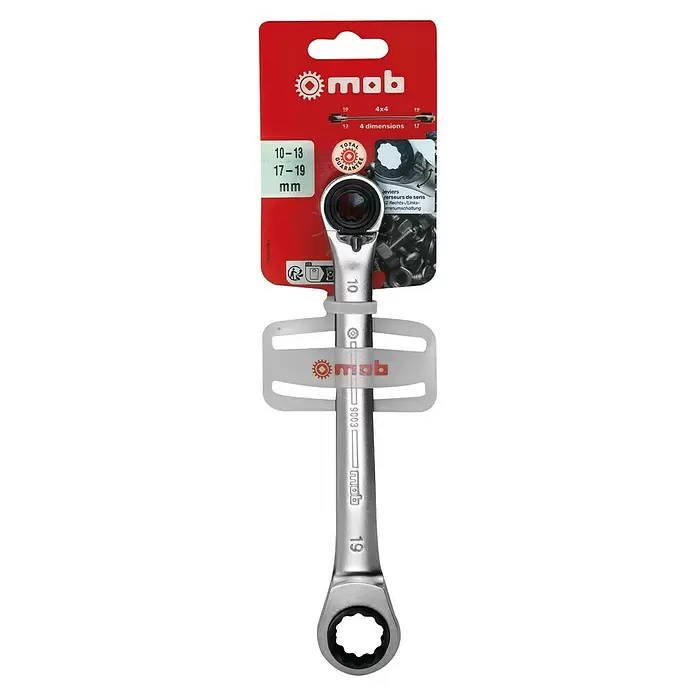 Mob Ringratschenschlüssel Quattro 4x4 - Schlüsselweite: 10 mm - 19 mm - Metallischer 4-in-1 Ratschenschlüssel in roter Verpackung, mit Größen 10, 13, 17 und 19 mm.