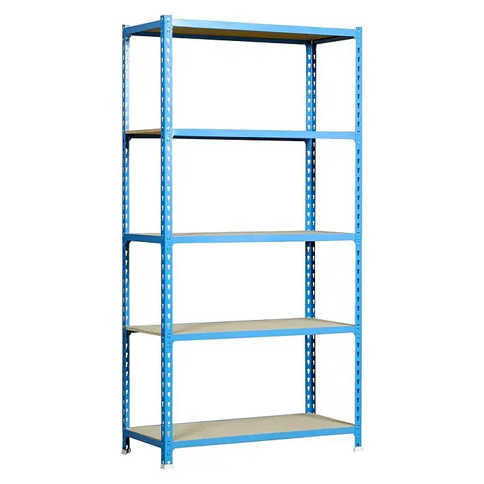 Simonrack Maderclick Metallregal Maderclick Plus - H x B x T: 200 x 100 x 50 cm, Traglast pro Boden: 150 kg, Anzahl Böden: 5 Stk., Stecken, Blau - Abgebildetes blaues Regal mit fünf Regalböden. Ein praktisches und robustes Möbelstück zur Lagerung von Gegenständen im Haus.