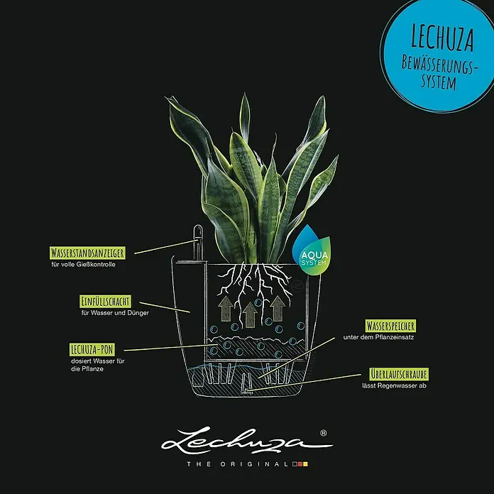 Lechuza Classico Pflanztopf Eco - Außenmaß (Ø x H): 27,5 x 26 cm, Kunststoff, Grau - Schematische Darstellung eines LECHUZA Bewässerungssystems mit Pflanze, Wasserstandsanzeige und Wasserspeicher.