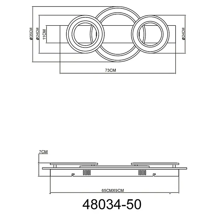 Globo LED-Deckenleuchte Jayden - 50 W, L x B x H: 73 x 35 x 7 cm, Anthrazit, Warmweiß - Schema der LED-Deckenleuchte mit drei Ringen, Abmessungen 73 cm x 35 cm x 7 cm.
