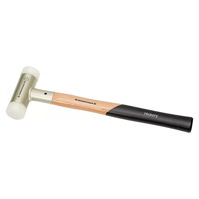 Peddinghaus Schonhammer - 750 g, Holz Hickory, Durchmesser Kopf: 40 mm - Schonhammer mit silbernem Kopf, weißen Schlagflächen und Holzstiel. Beschriftet "Hickory" und "PEDDINGHAUS 40 mm".