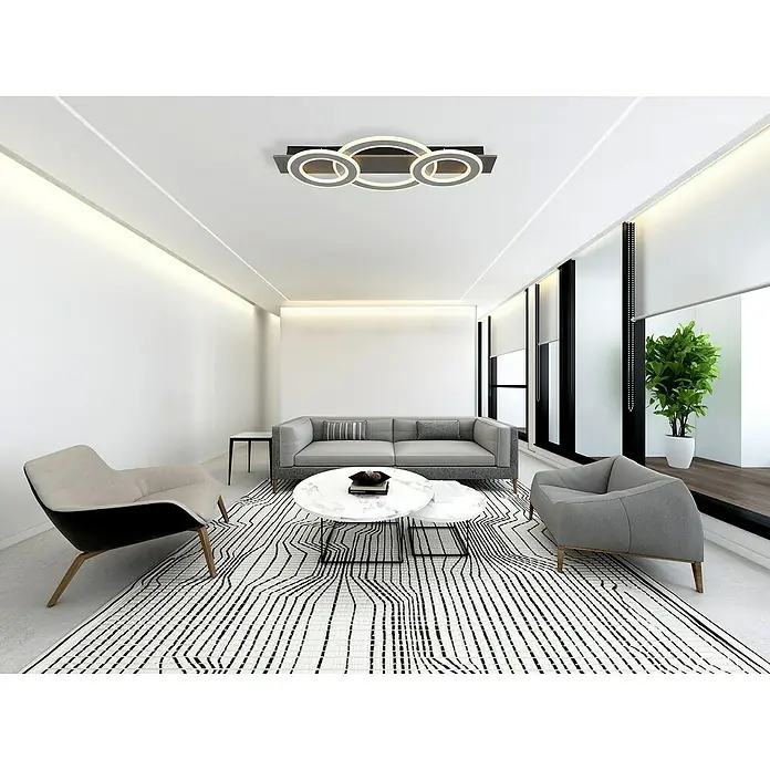 Globo LED-Deckenleuchte Jayden - 50 W, L x B x H: 73 x 35 x 7 cm, Anthrazit, Warmweiß - Das moderne Wohnzimmer wird von einer stilvollen, dreifachen LED-Deckenleuchte mit kreisförmigem Design erhellt.