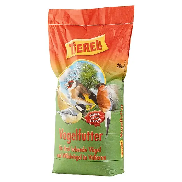 Tierell Wildvogelfutter - 20 kg - Ein 20kg Sack Tierel Vogelfutter, das Energie und Kraft spendet, für freilebende Vögel und Wildvögel in Volieren.