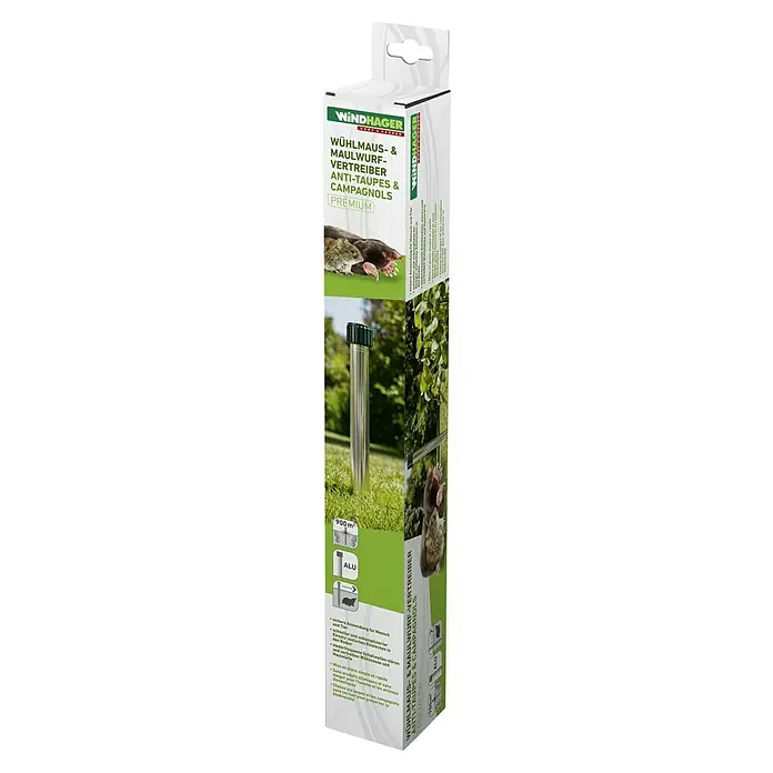 Windhager Nagetiervertreiber Wühlmaus Premium - Wirkungsbereich: 900 m² - Produktverpackung des Windhager Wühlmaus- und Maulwurfvertreibers Anti-Taupes & Campagnols Premium aus Aluminium.