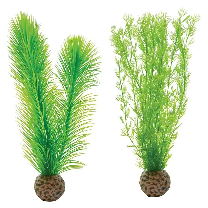 biOrb Deko-Set für Aquarien Stone Garden - 16 -tlg., Grün, Passend für: Aquarien ab 30 l - Zwei künstliche Aquarium Pflanzen. Eine mit langen, grünen Blättern und die andere mit feineren, hellgrünen Blättern, beide mit braunem Sockel.