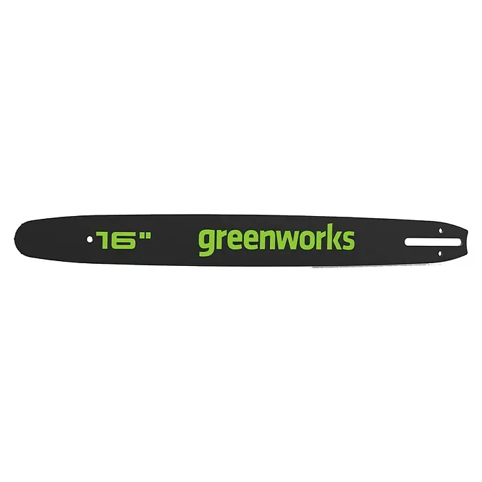Greenworks Führungsschiene - Passend für: 60V Greenworks Kettensägen mit 40cm Schwertlänge - Nahaufnahme einer schwarzen Greenworks 16-Zoll-Kettensägenschneideleiste, die auf einem schwarzen Hintergrund zur besseren Ansicht isoliert ist.