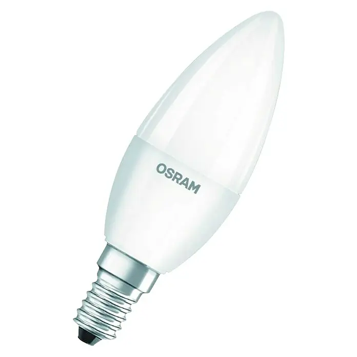 Osram Bombilla LED Vela Pack 4 - E14, 470 lm, 5 W - Primer plano de una bombilla LED de vela Osram con base E14 sobre un fondo blanco puro.