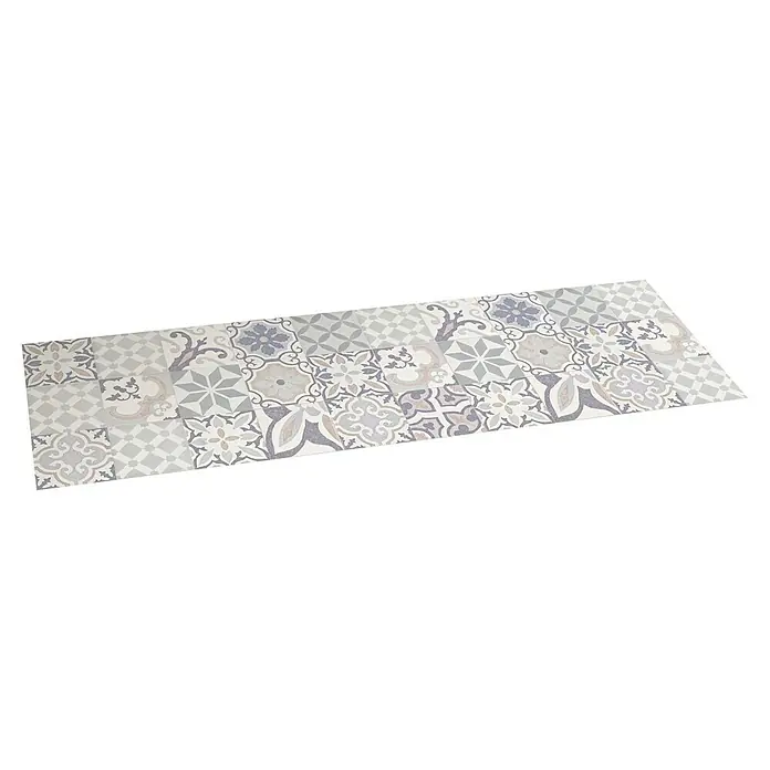 Alfombra de vinilo Croma BCN vintage - Pastel azul, 200 x 60 cm - Una atractiva alfombra de cocina estampada en tonos suaves de gris y morado, que añade un toque de elegancia a cualquier estancia a la vez que protege el suelo.