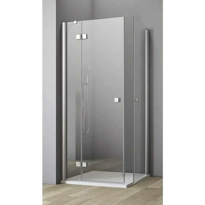 GEO Hit Eckdusche B-E310 - L x B x H: 120 x 90 x 202,2 cm, Unbeschichtet, Silber, Glasstärke: 6 mm - Elegante Duschkabine mit klarem Glas und silbernen Beschlägen, die modernes Baddesign verkörpert. Die Duschabtrennung sorgt für ein offenes und helles Raumgefühl.