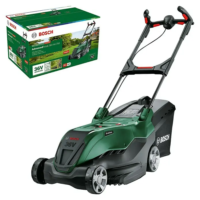 Bosch Power for All 36V Akku-Rasenmäher AdvancedRotak 36V-44-750 - 36 V, Ohne Akku, 0 Ah, Schnittbreite: 44 cm - Abbildung eines Bosch AdvancedRotak 36V-44-750 Akku-Rasenmähers mit Akku, der für effizientes Rasenmähen konzipiert ist.