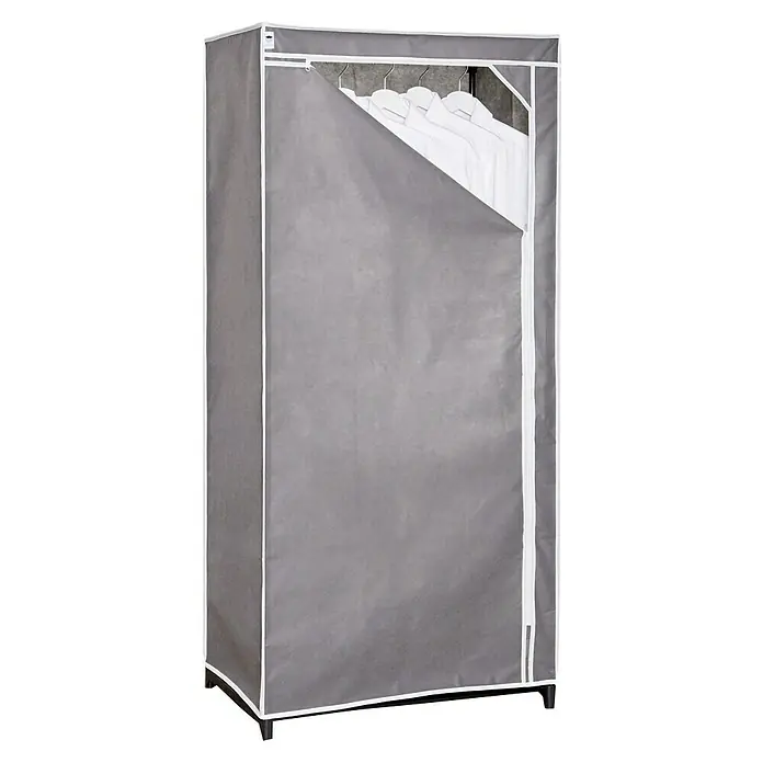 Textiler Kleiderschrank - L x B x H: 50 x 75 x 160 cm, Grau - Grauer Kleiderschrank mit teilweise geöffneter Reißverschlussabdeckung, der einen Blick auf die aufgehängten weißen Hemden freigibt.