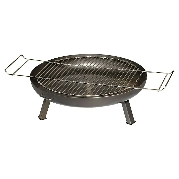 Buschbeck Grillrost - Durchmesser: 60 cm, Passend für: Feuerschalen mit Ø 60 oder 80 cm - Abgebildeter runder Grill mit Grillrost auf drei Beinen. Der Grill ist aus robustem, dunklem Metall gefertigt und bereit für den Einsatz.