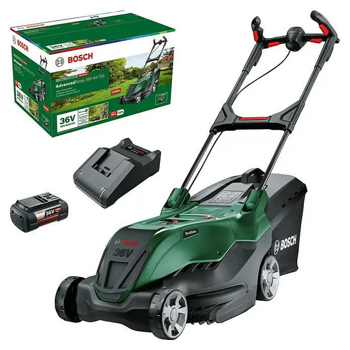 Bosch Power for All 36V Akku-Rasenmäher AdvancedRotak 36V-44-750 - 36 V, 1 Akku, 4 Ah, Schnittbreite: 44 cm - Akkubetriebener Rasenmäher Bosch AdvancedRotak 36V-44-750 mit Akku, Ladegerät und Produktverpackung im Hintergrund.