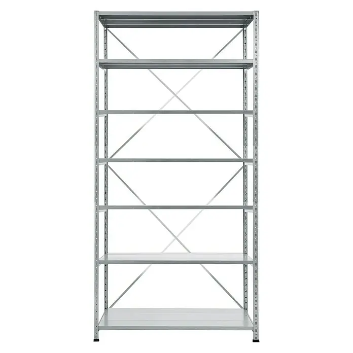 Scholz Metallregal Grundelement - Höhe: 264 cm, B x T: 125 x 80 cm, Traglast pro Boden: 240 kg, Anzahl Böden: 7 Stk., Stecken, Silber - Ein großes, leeres Metallregal mit sechs Fächern, ideal für Lagerung und Organisation.