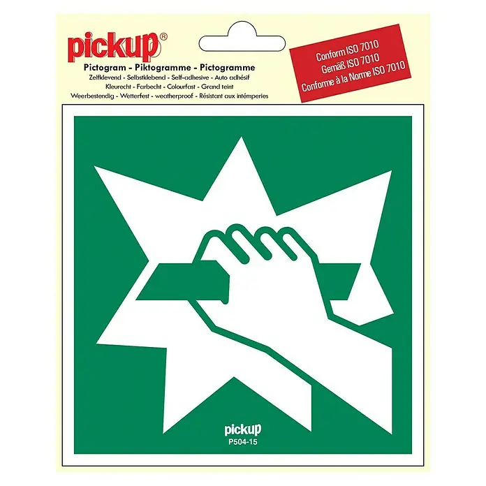 Pickup Aufkleber - L x B: 15 x 15 cm, Notausgangsvorrichtung, die nach Zerschlagen einer Scheibe zu erreichen ist - Pickup P504-15 Sicherheitszeichen: Ein weißes Piktogramm einer Hand, die eine Stange vor einem grünen Hintergrund greift, konform mit ISO 7010.