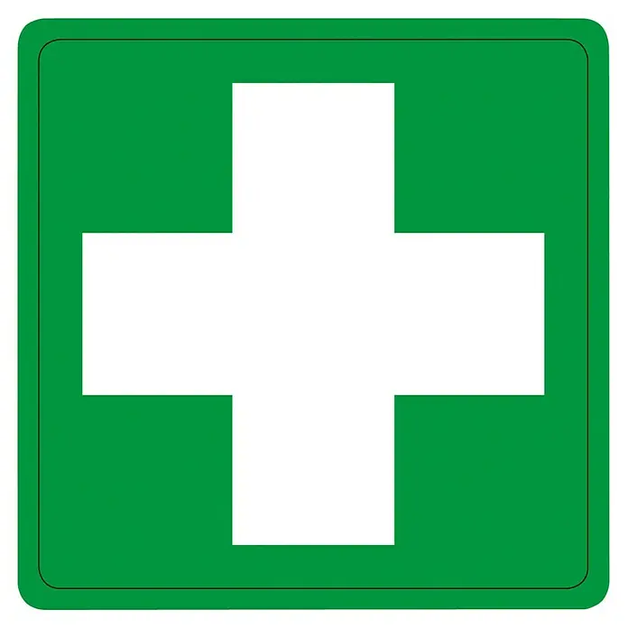 Pickup Aufkleber - L x B: 7,5 x 7,5 cm, Erste Hilfe - Grünes Schild mit weißem Kreuz als Symbol für Erste Hilfe oder medizinische Versorgung.