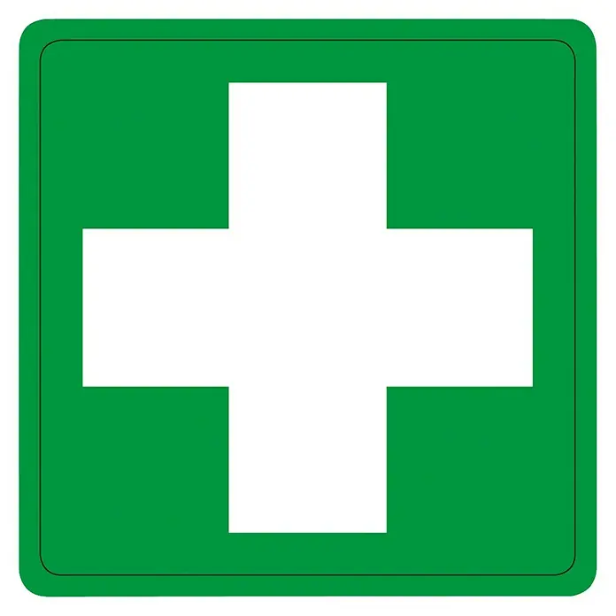 Pickup AufkleberL x B: 7,5 x 7,5 cm, Erste Hilfe - Grünes Schild mit weißem Kreuz als Symbol für Erste Hilfe oder medizinische Versorgung.