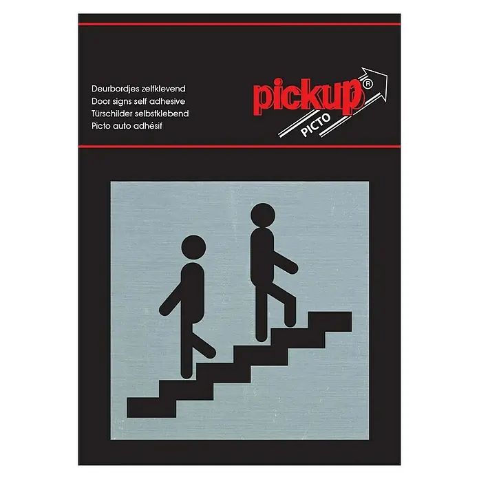 Pickup Aufkleber - L x B: 80 x 80 mm, Treppe - Selbstklebendes Türschild von Pickup Picto mit dem Symbol "Treppe runter". Ideal für die Kennzeichnung von Treppenabgängen.
