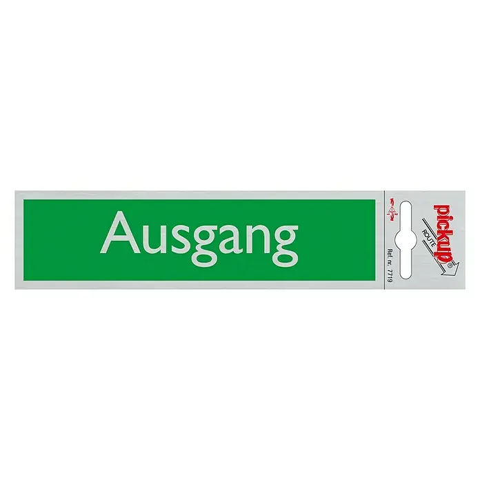 Pickup Aufkleber - Motiv: Ausgang, L x B: 165 x 44 mm - Grünes Ausgangsschild von Pickup Route. Das Schild weist den Weg zum Ausgang und ist gut sichtbar. Ref. Nr. 7719.