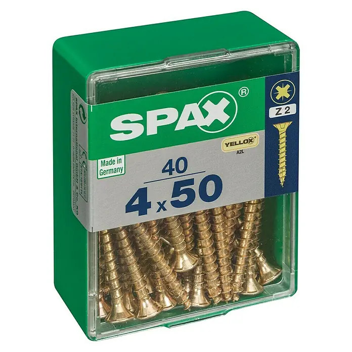 Spax Universalschraube - 4 x 50 mm, Vollgewinde, 40 Stk. - Eine Dose mit 40 SPAX Universalschrauben 4x50 mm, ideal für vielfältige Anwendungen im Heim- und Handwerkerbereich.