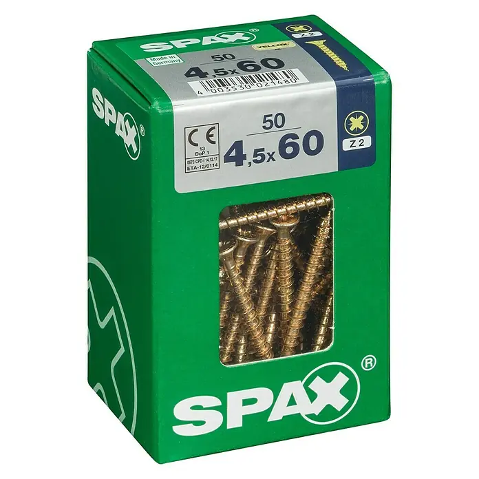 Spax Universalschraube - 4,5 x 60 mm, Vollgewinde, 50 Stk. - Dose mit 50 gelben Spax-Schrauben (4,5 x 60 mm) in einer grünen Spax-Verpackung, ideal für Holzverbindungen und Heimwerkerprojekte.