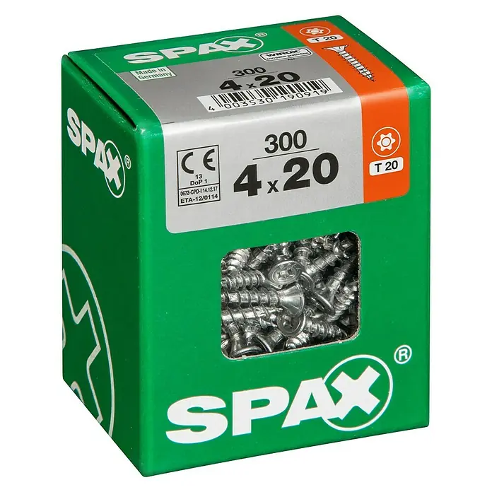Spax T-Star plus Universalschraube T-Star plus - Ø x L: 4 x 20 mm, WIROX Oberfläche, T-Star plus, 300 Stk. - Eine grüne Spax-Schraubenbox mit der Aufschrift 300 4x20, die die Anzahl und Größe der enthaltenen Schrauben angibt.
