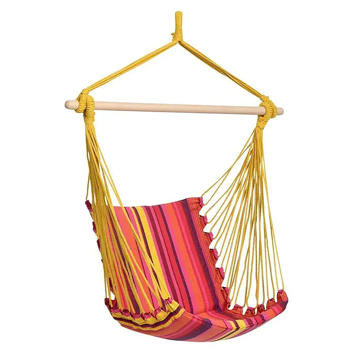 Amazonas Hängesessel Belize vulcano - Rot/Orange/Gelb - Hängesessel mit bunten Streifen und gelben Seilen, ideal zum Entspannen und Genießen der Freizeit im Garten oder auf der Terrasse.