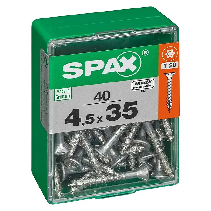 Spax T-Star plus Universalschraube T-Star plus - Ø x L: 4,5 x 35 mm, WIROX Oberfläche, T-Star plus, 40 Stk. - Dose mit 40 Spax-Universalschrauben, 4,5 x 35 mm, ideal für vielfältige Anwendungen im Haus und Garten, mit WIROX-Korrosionsschutz.