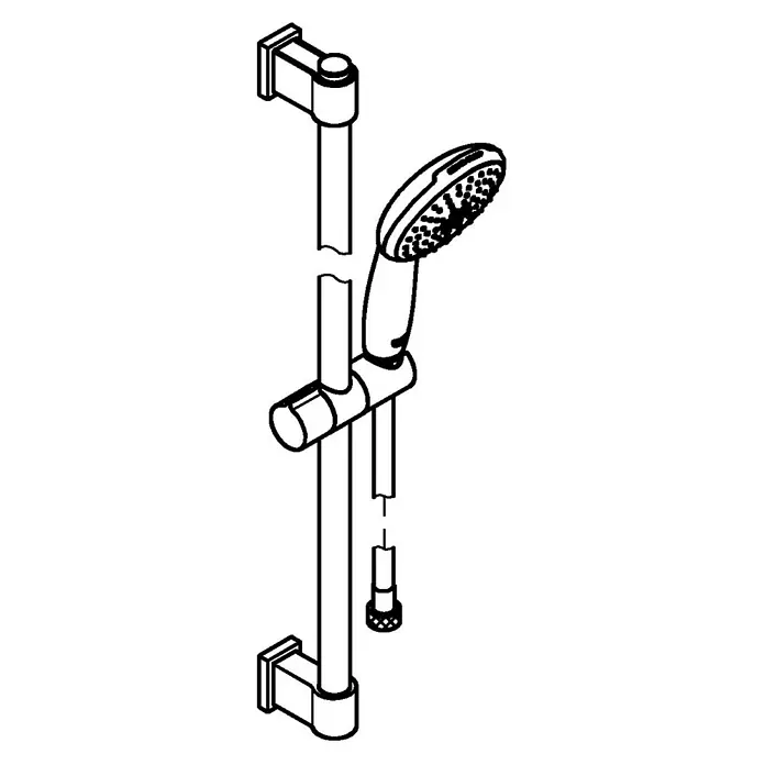 Grohe QuickFix Vitalio Start Brausegarnitur 110 - Lochabstand: 47 cm - 62 cm, Anzahl Strahlarten: 2 Stk., Schwarz - Abbildung einer Duschstange mit Handbrause. Praktisches Duschsystem zur flexiblen Höhenverstellung und komfortablen Nutzung im Badezimmer.