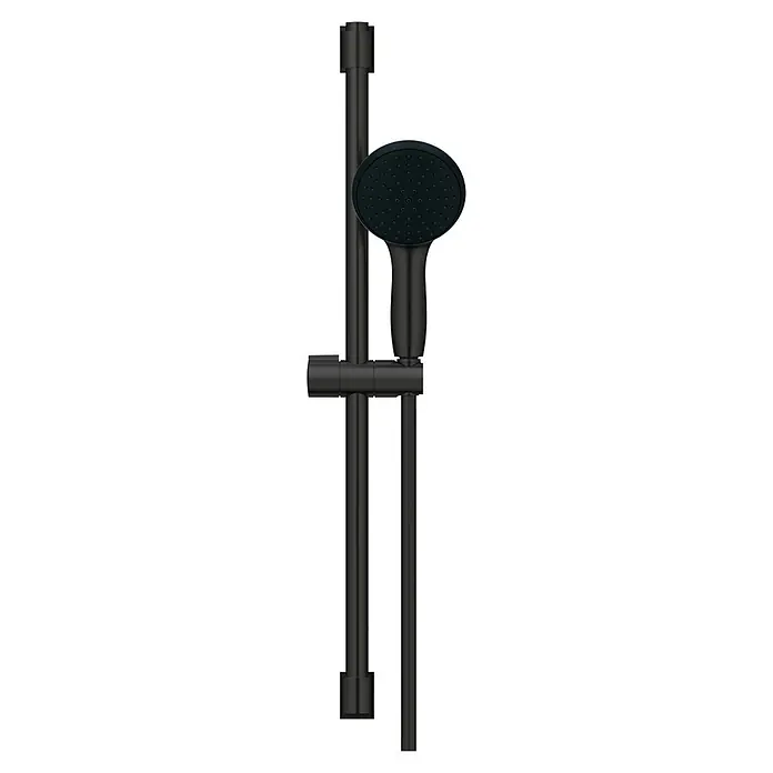 Grohe QuickFix Vitalio Start Brausegarnitur 110 - Lochabstand: 47 cm - 62 cm, Anzahl Strahlarten: 2 Stk., Schwarz - Abbildung einer schwarzen Duschstange mit Handbrause. Ideal für moderne Badezimmer, bietet Komfort und Stil.
