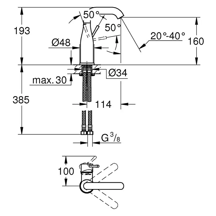 Grohe Essence Waschtischarmatur M-Size - Chrom, Glänzend - Technische Zeichnung einer Armatur mit Maßangaben zu Höhe, Durchmesser und Neigungswinkel.