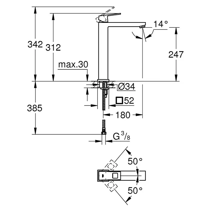 Grohe Eurocube Waschtischarmatur XL-Size - Chrom, Glänzend - Produktbild einer Armatur mit Maßangaben wie Höhe, Durchmesser und Winkel. Ideal für technische Produktdetails.