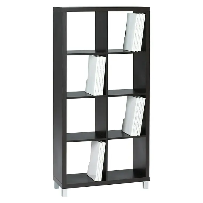 Estantería de madera Kubox - Al x An x Pr: 153 x 76 x 29 cm, Negro - Estantería negra con ocho compartimentos, algunos llenos de libros blancos, ideal para oficina o sala de estar.