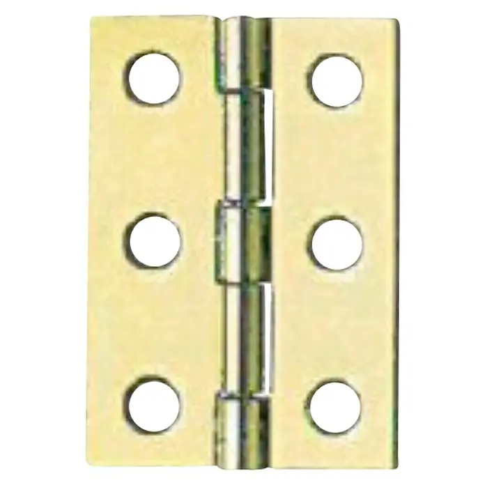 Suki Bisagra - L x An: 51 x 32 mm, Latón - Primer plano de una bisagra de puerta de color latón con seis agujeros para tornillos, utilizada típicamente para puertas y muebles.