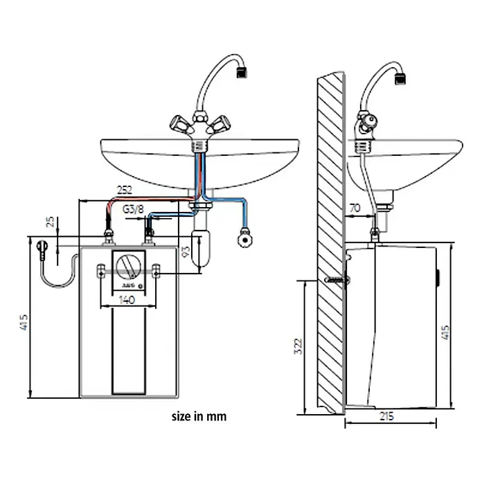 AEG Termo eléctrico Huz 5 Basis - 5 l, 2.000 W, Rango de temperaturas: 35 °C - 85 °C, Montaje bajo mesa - Esquema de instalación de un calentador de agua bajo el fregadero conectado a un lavabo y un grifo, con dimensiones.