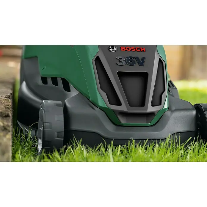 Bosch Power for All 36V Akku-Rasenmäher AdvancedRotak 36V-44-750 - 36 V, 1 Akku, 6 Ah, Schnittbreite: 44 cm - Nahaufnahme eines Bosch 36V Akku-Rasenmähers auf Rasen mit Fokus auf das Produktdesign und die Marke.