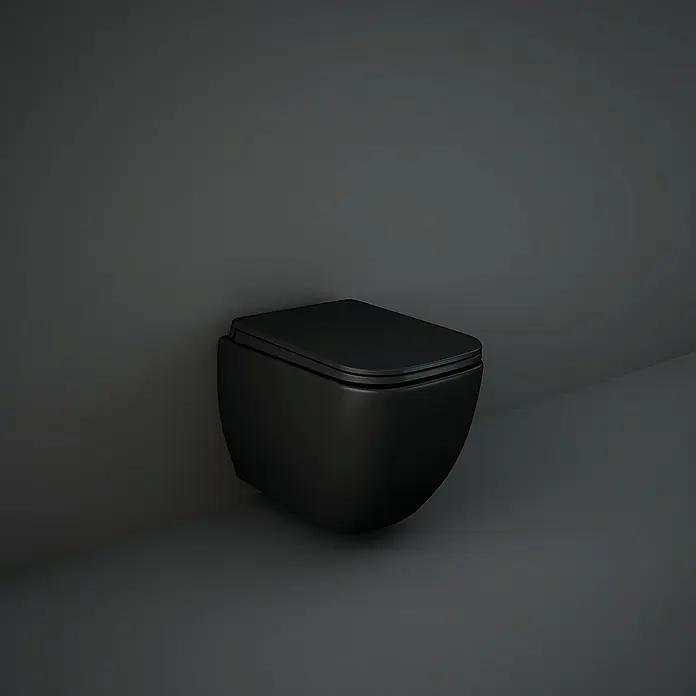 RAK Ceramics Metropolitan Wand-WC - Spülrandlos, Spülform: Tief, WC Abgang: Waagerecht, Schwarz, Matt - Schwarze wandhängende Toilette mit minimalistischem Design für moderne Badezimmer. Elegant und platzsparend.