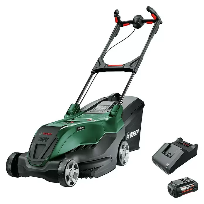 Bosch Power for All 36V Akku-Rasenmäher AdvancedRotak 36V-44-750 - 36 V, 1 Akku, 6 Ah, Schnittbreite: 44 cm - Bosch grüner und schwarzer 36V Akku-Rasenmäher, Akku und Ladegerät.