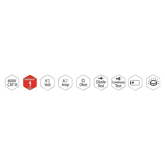 Xindar Multímetro digital tipo lápiz DPEN600 - Número de polos: 2 ud., Medición de frecuencia, IP20 - Los símbolos gráficos del multímetro indican funciones de medición, como voltaje, corriente, resistencia, diodo y pruebas de continuidad.