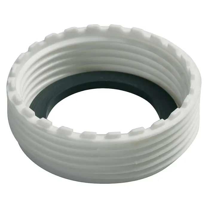 Adaptador de roscas para válvula - Plástico, 1¼'' - Primer plano de una tuerca de plástico blanca con rosca y una junta negra. Ideal para fontanería.