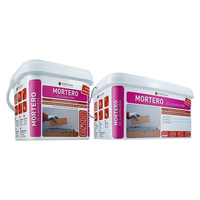 Gecol Mortero de cemento de albañilería Mortelan - 2 kg - Dos cubos de mortero de albañilería Mortelan en diferentes tamaños, ideal para construcción.