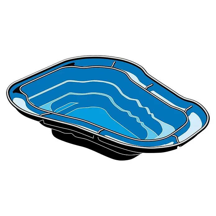 Ubbink Teichschale Ocean II - Fassungsvermögen: 2.000 l - Blauer, unregelmäßig geformter Einbau-Schwimmingpool mit variierenden Wassertiefen, isometrisch dargestellt.